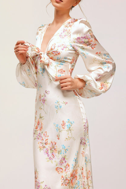 Melissa Print V-neck Satin Maxi Dress