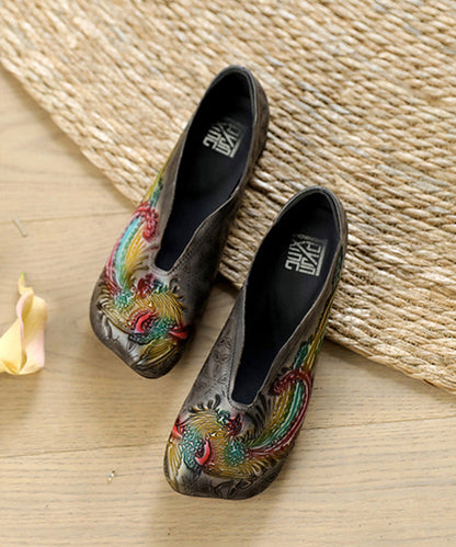 Embossed Flat Shoes for Grey Cowhide Leather
