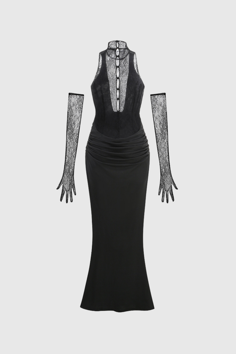 Darleen Cowl Neck Ruch Lace Maxi Dress in Black