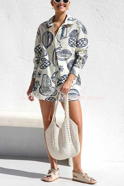 Parkside Tropical Fruit Print Loose Shirt and Elastic Waist Pocketed Shorts Set