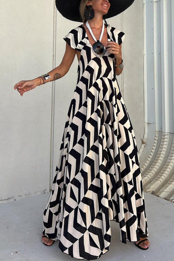 Fresh Breeze Unique Print Ruffle Sleeve A-line Maxi Dress