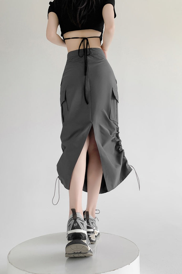 A-line Gray Cargo High Slit Skirt