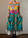 Women's Vintage Floral Patchwork Art Print V-Neck Button Pocket Cotton