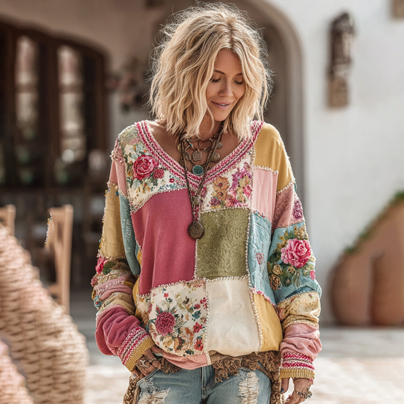 Women's Vintage Rose Floral Patchwork Art Cozy Warm Sweatshirt elevenforest
