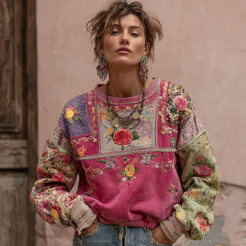 Vintage Bohemian Floral Embroidery Patchwork Crew Neck Sweatshirt elevenforest