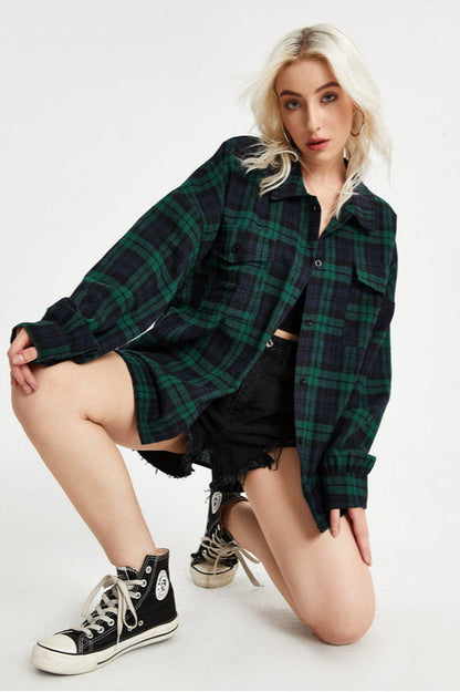 Plaid Stand Collar Button Shirt Blouse