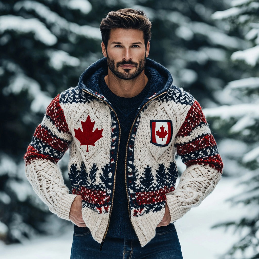 Men's Canadian Maple Leaf Forest Jacquard Cozy Zip Up Cardigan Sweater elevenforest