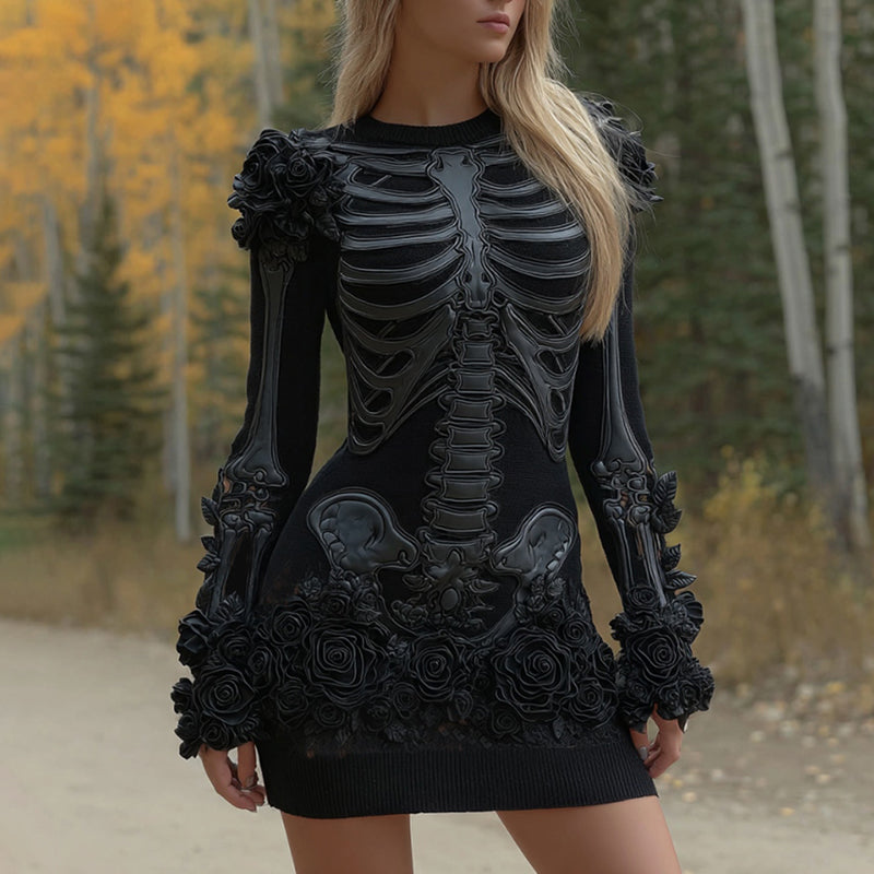 Comstylish Women's Halloween Skeleton Flower Art Embroidery Cozy Knit Mini Sweater Dress
