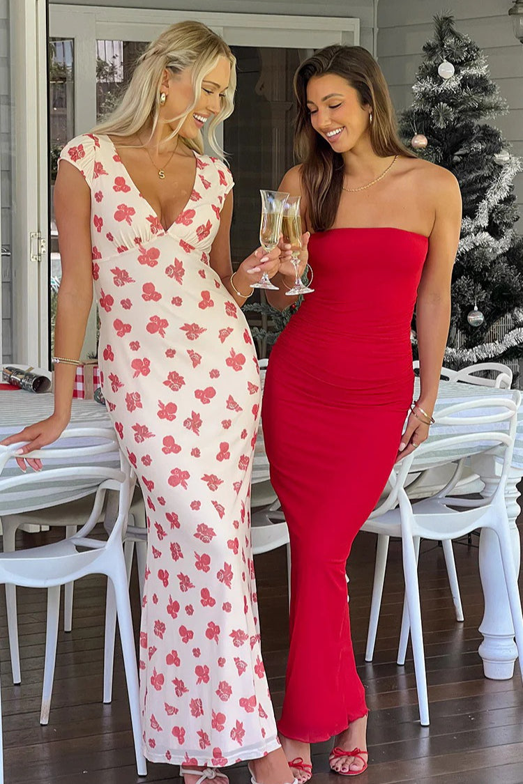 Bandeau Mesh Ruched Print Maxi Dress