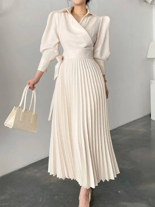 Office Pleated Asymmetric Color Lapel Maxi Dresses