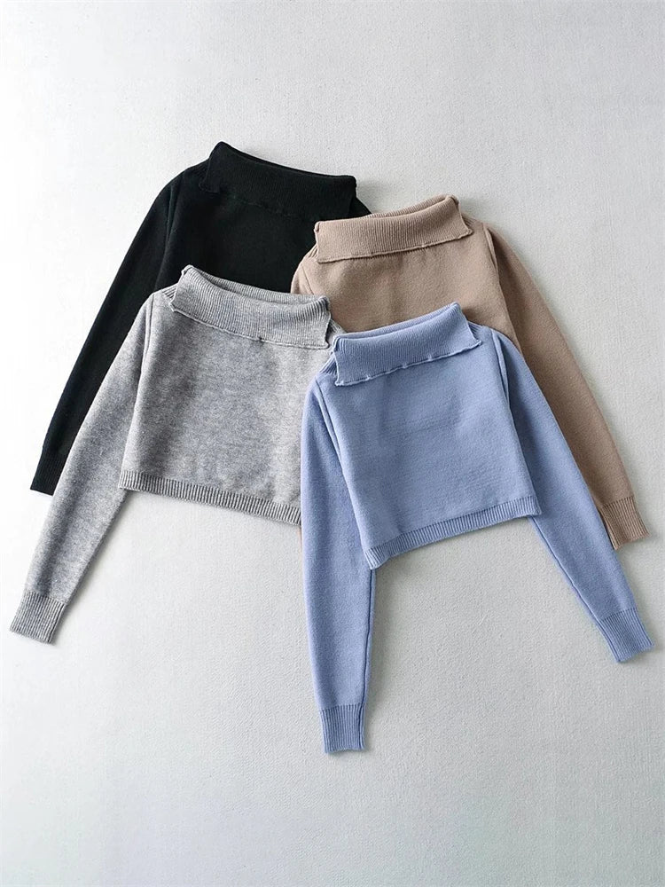 Off-shoulder Cropped Pullover Top Sweater E-girl Blue Turn-down Collar Crop Sweaters Knit Tops