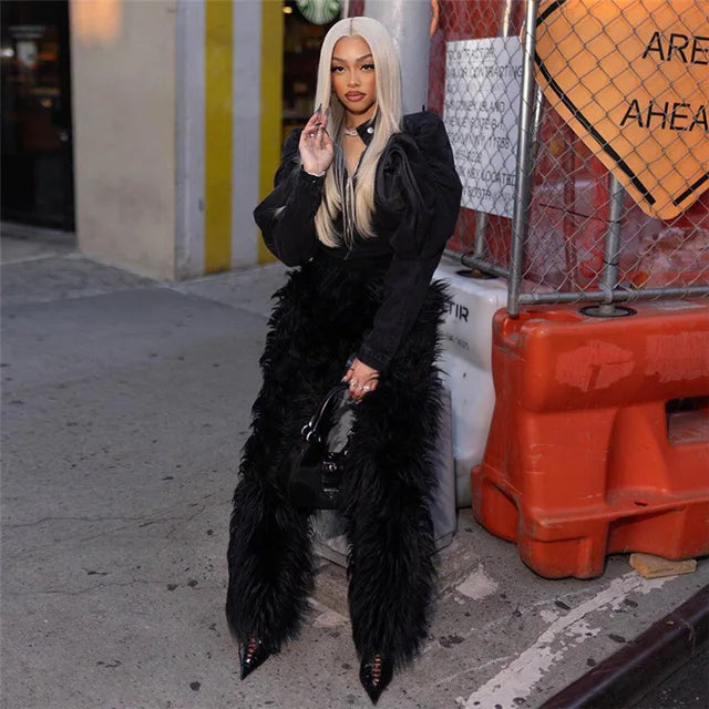 Feather Splice Long Pants High Waist Slim Straight Pants for Woman Winter Party Femme New