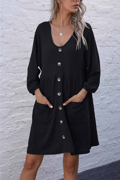 V-neck Buttoned Loose Knit Hem Mini Dresses