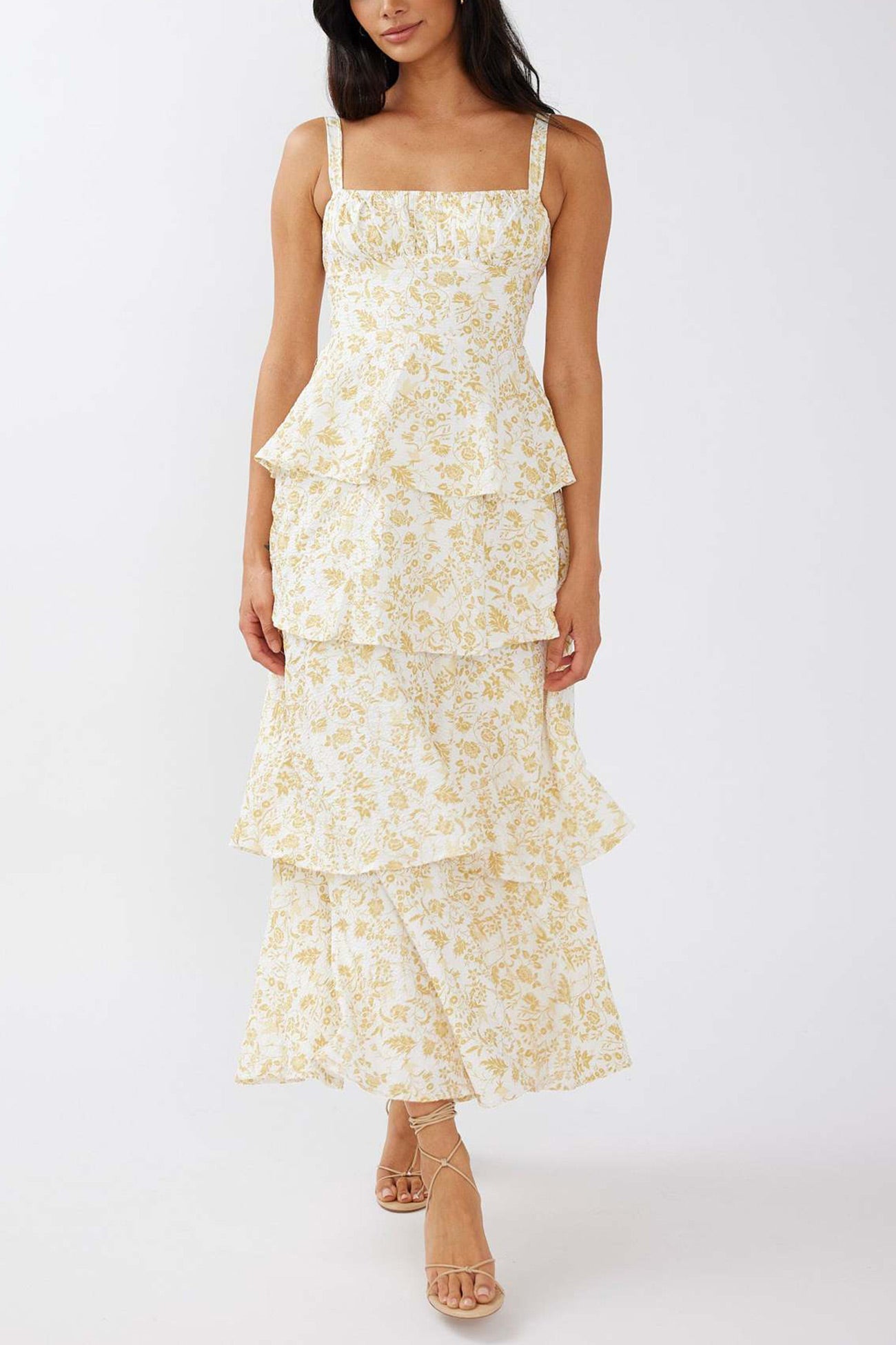 Print Tie-up Tiered Midi Dress