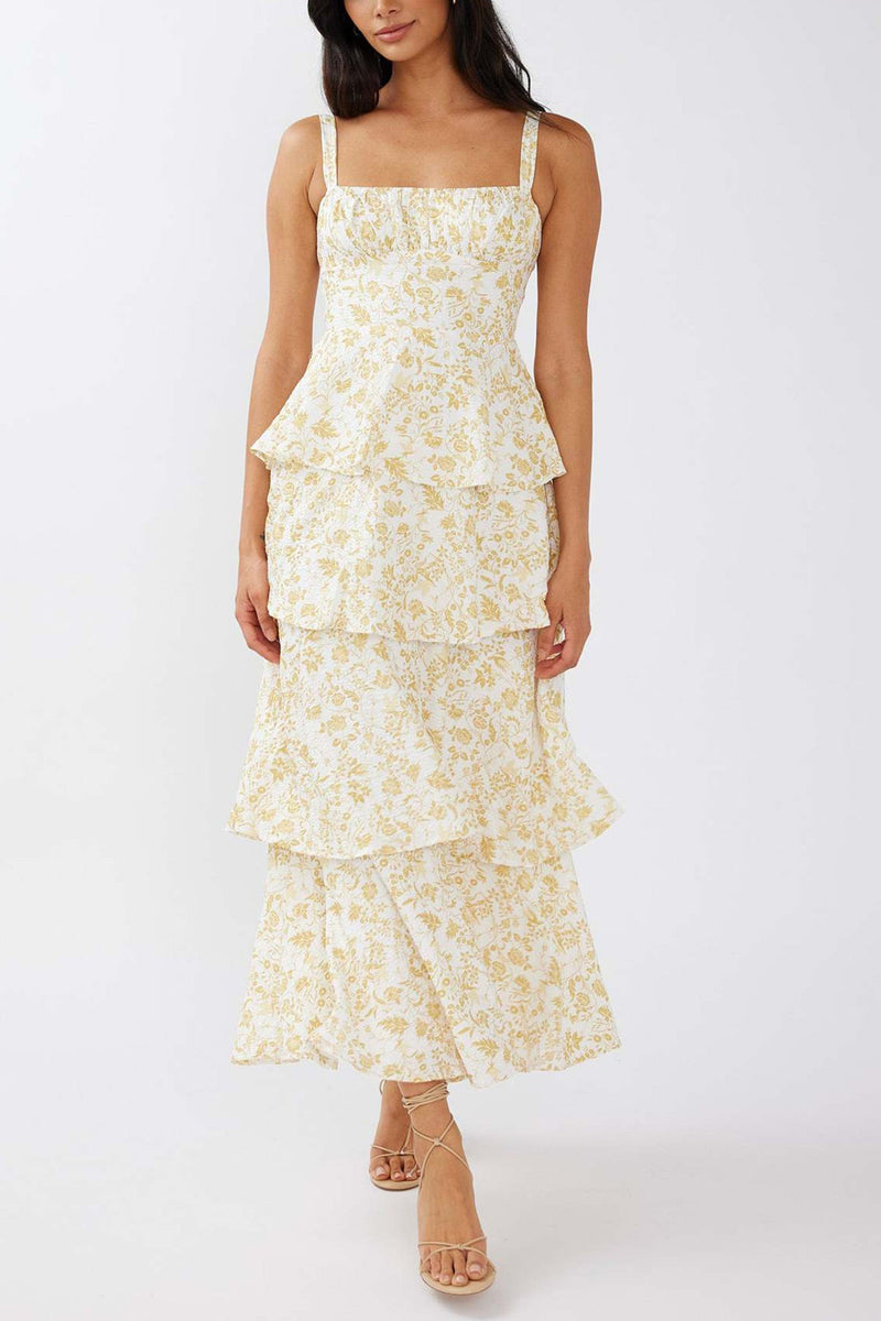 Print Tie-up Tiered Midi Dress