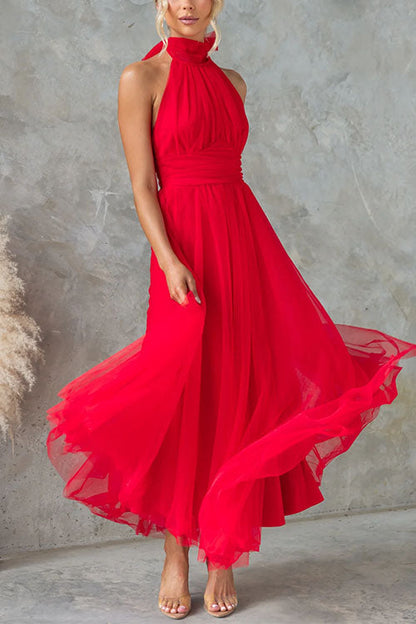 Moxidress Bow Knot Halter Open Back Tulle Maxi Dress