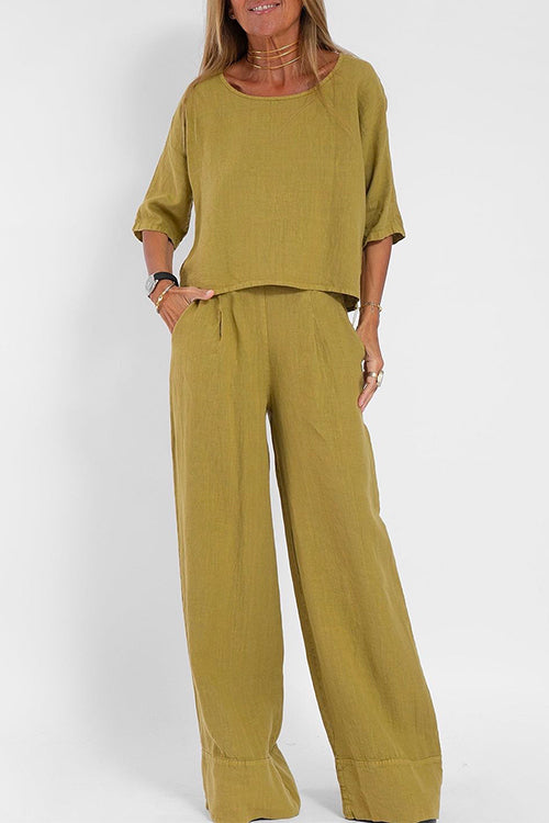 Moxidress Round Neck 3/4 Sleeves Pullovers Wide Leg Pants Cotton Linen Set