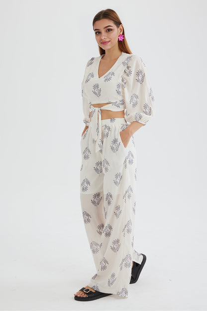 Print Puff Sleeve Knotted-front Tops Long Pants Suits
