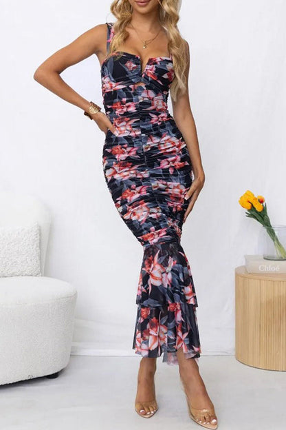 Print Ruched Fishtail Dress