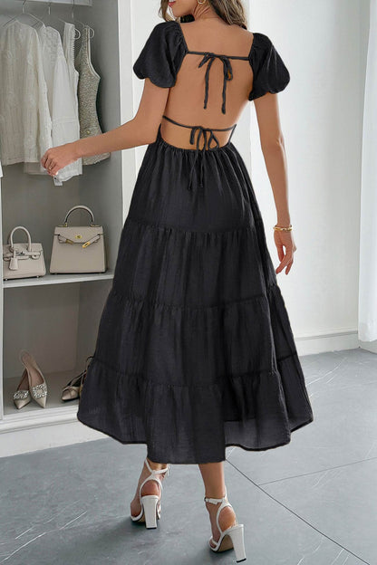 Low Cut Puff Sleeve Backless Tiered Dress