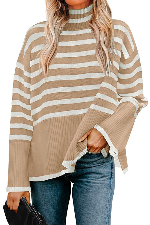 Turtleneck Side Split Striped Sweater