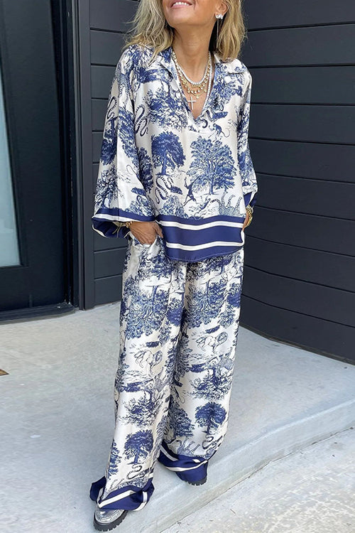 Moxidress Lapel V Neck Long Sleeves Shirt Wide Leg Pants Printed Set