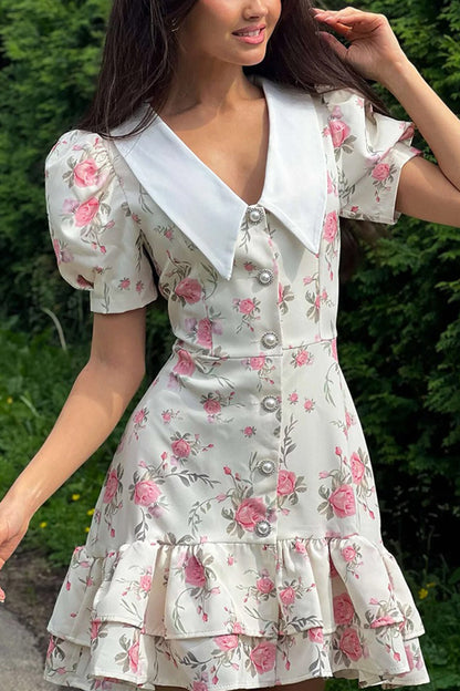 V-neck Puff Sleeve A-line Ruffle Mini Dress