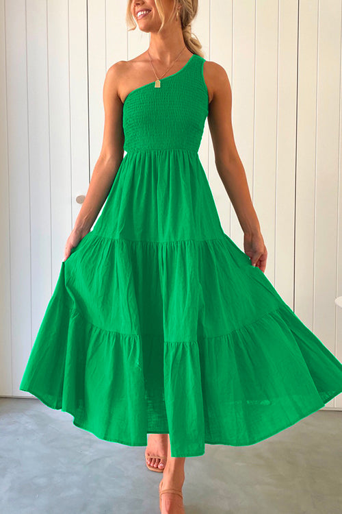 One Shoulder Sleeveless Smocked Ruffle Tiered Maxi Dress