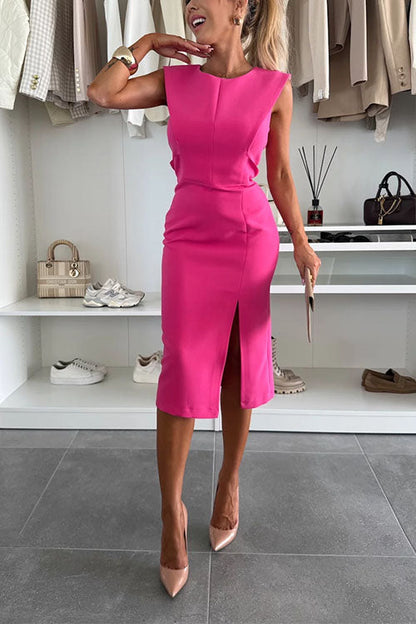 Moxidress Crewneck Sleeveless Slit Bodycon Midi Dress