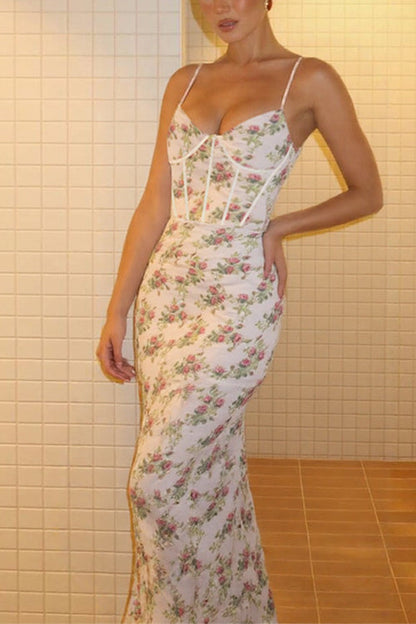 Moxidress Spaghetti Strap Corset Print Bodycon Maxi Dress