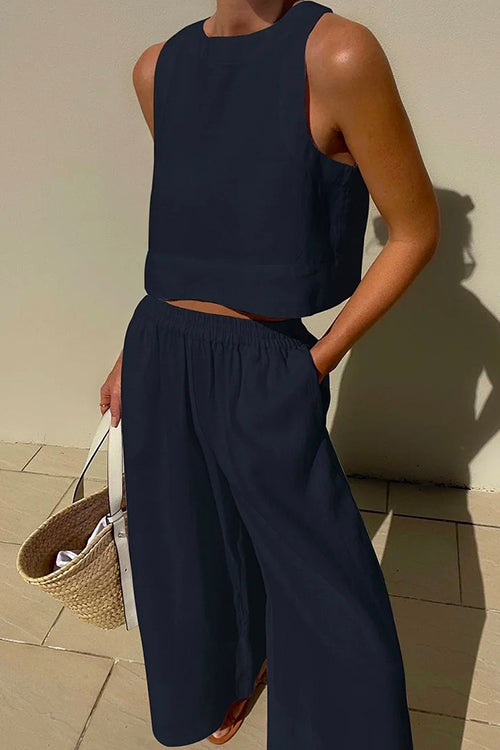 Crewneck Crop Tank Top Elastic Waist Wide Leg Pants Set