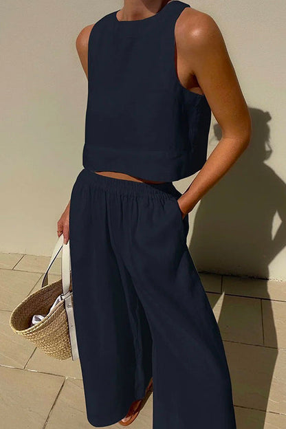 Crewneck Crop Tank Top Elastic Waist Wide Leg Pants Set
