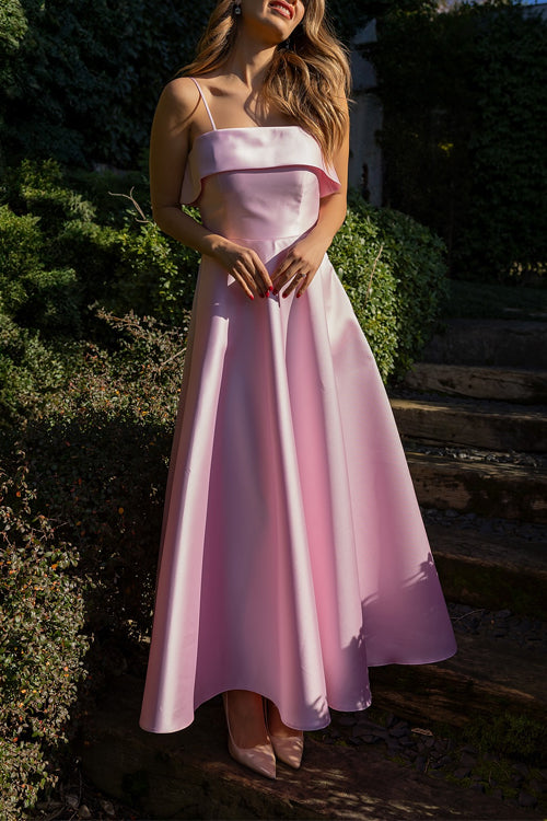 Moxidress Spaghetti Strap Waisted A-line Satin Maxi Dress
