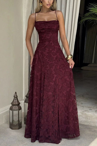 Moxidress Spaghetti Strap Backless Lace-up Jacquard Maxi Dress