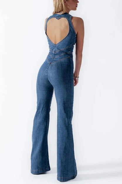 Zip Up Sleeveless Heart Back Bell Bottom Denim Jumpsuit