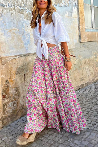 Moxidress Frilled Elastic Waist Bohemia Maxi Flowy Skirt