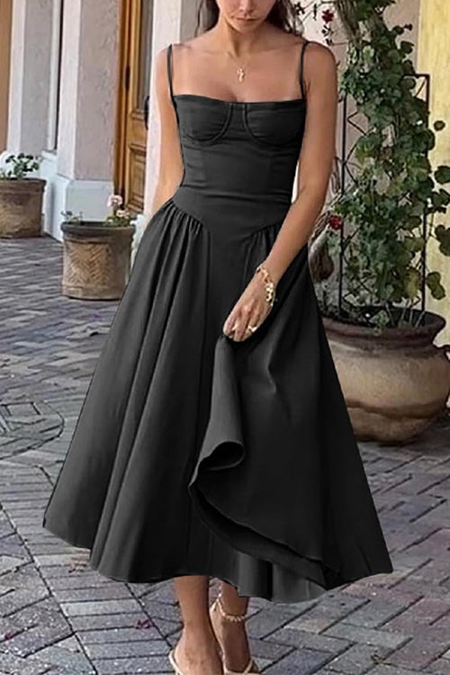 Spaghetti Strap Pocketed Corset Swing Midi Dress