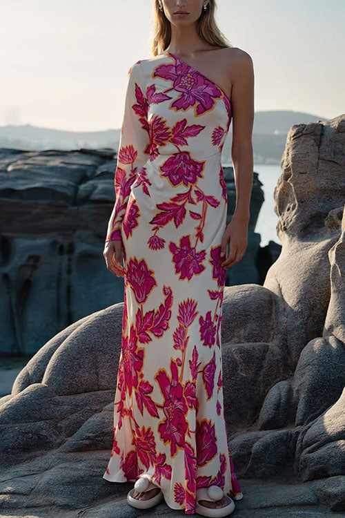 Moxidress One Shoulder Long Sleeve Print Maxi Dress