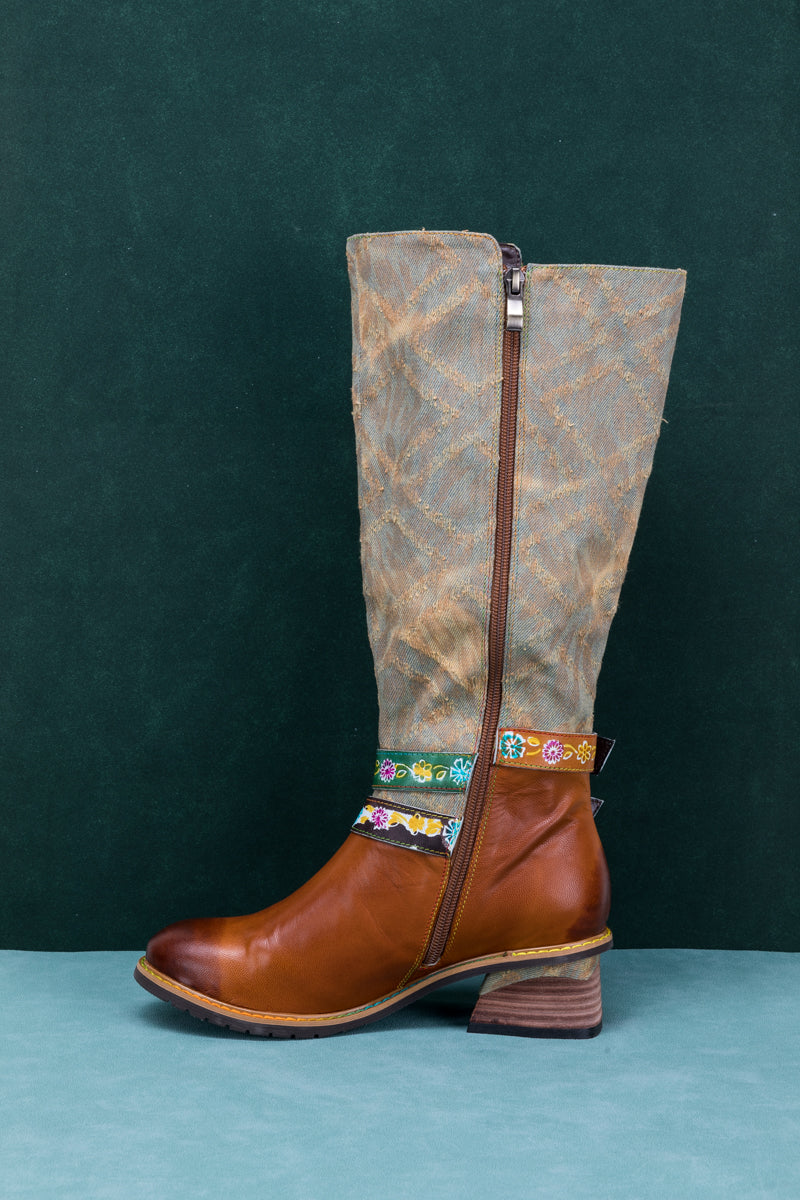 Soffia | Tri-strap Canvas Leather Knee High Boot