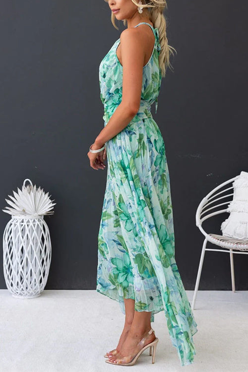V Neck Waisted Cut Out Pleated Maxi Dress