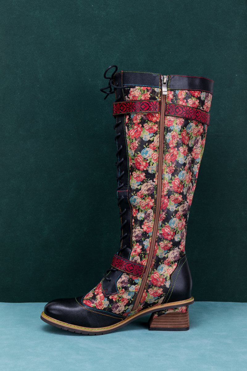 Soffia | Blooming Tie-accent Leather Knee High Boot