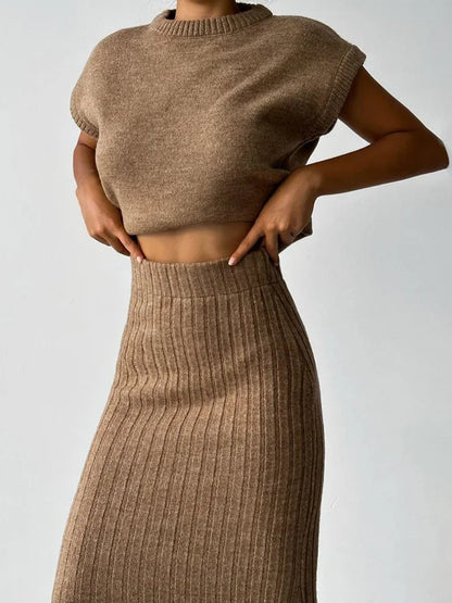 Knit Sweater 2 Piece-set Loose Ribbed Sleeveless Pullover and High Waist Long Skirt Outfits Knitwear ’s Sets