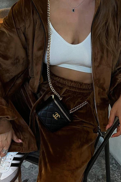 Velvet Zip-up Hooded Top and Elastic Waist Wide Leg Pants Set