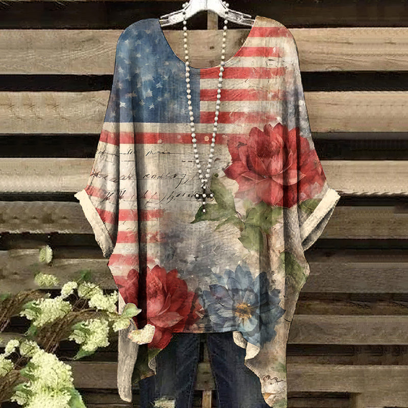 Vintage Independence Day American Flag And Floral Art Irregular Shirt elevenforest