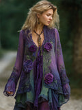 Vintage Purple Roses Fiber Art Gradient Flowy Linen Shirt elevenforest