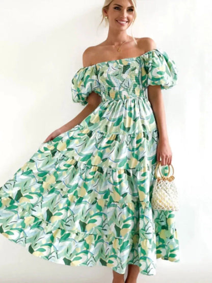 Color Print Off Shoulder Long Dresses Short Sleeves Backless Beach Vacation Style Dress Summer Vestidos