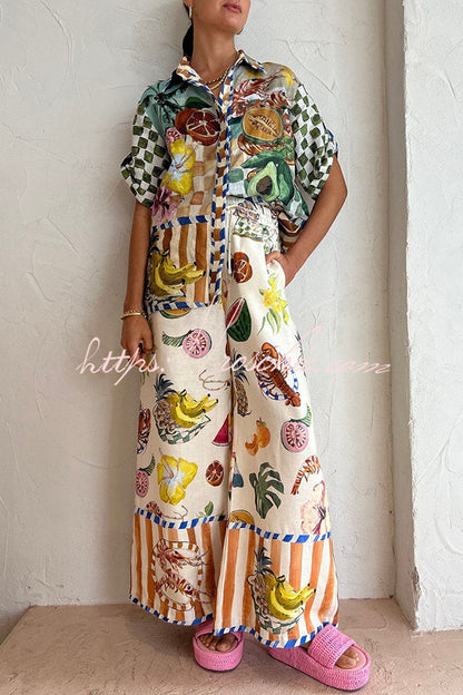 Perfect Day Linen Blend Tropical Fruit Print Elastic Waist Pocketed Wide Leg Pants