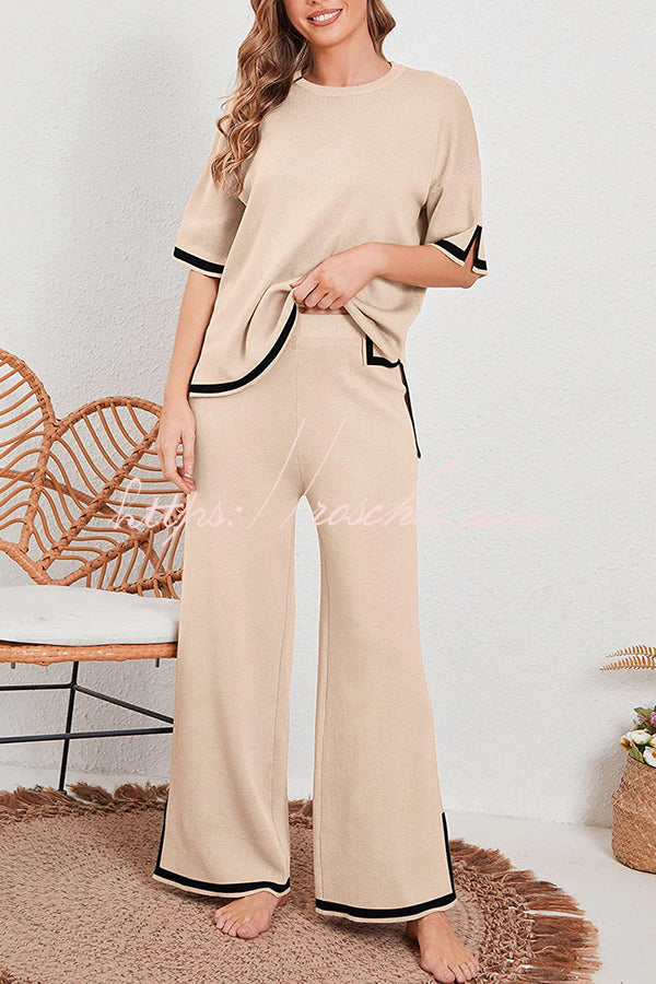 Lounge or Wear Knit Patchwork Color Block Short Sleeve Top and Elastic Wide Leg Pants