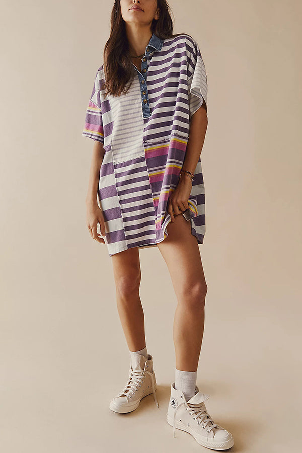 Contrast Striped Patchwork Denim Lapel Loose Mini Dress