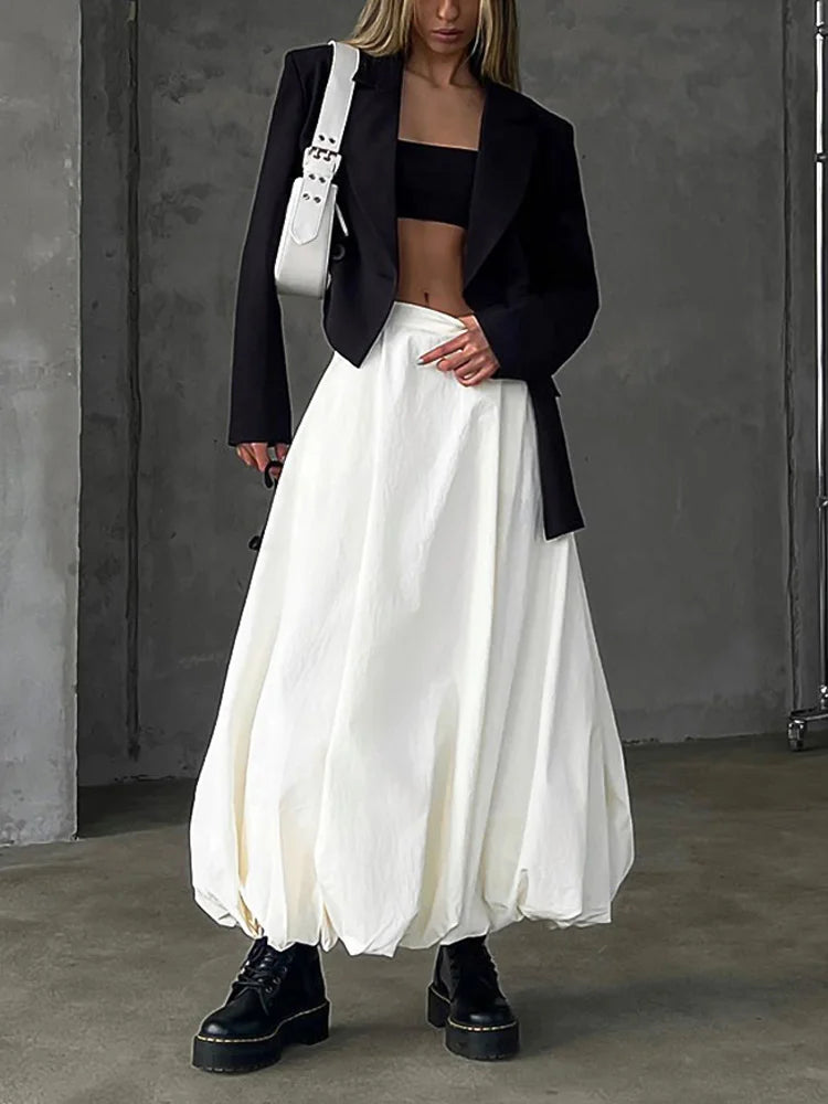 Silk Satin White Maxi Skirt Long Ruffled Pleated Skirts Lantern Pants A-line Silk Long Skirts for New